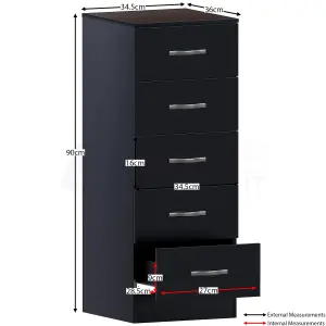 Vida Designs Riano Black 5 Drawer Narrow Chest (H)900mm (W)345mm (D)360mm