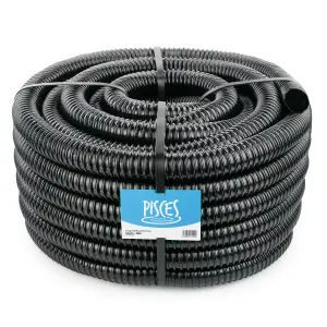 Pisces 30m Corrugated Black Pond Hose Flexible Anti Kink Flexi PVC Pipe Ribbed Tubing for Pump Filter Sump Water Butt - 1.5" 40mm