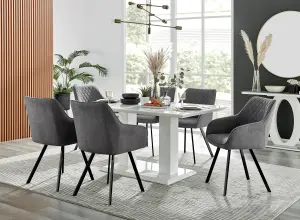 Imperia White High Gloss 6 Seater Dining Table with Structural 2 Plinth Column Legs Dark Grey Fabric Black Leg Falun Chairs