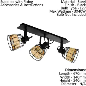 Ceiling Spot Light & 2x Matching Wall Lights Black & Wicker Adjustable Shade