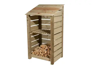 Slatted wooden log store with kindling shelf W-99cm, H-180cm, D-88cm - natural (light green) finish