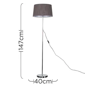 ValueLights Standard Floor Lamp In Polished Chrome Finish With Dark Grey Tapered Shade - Complete With 6w LED Bulb In Warm White