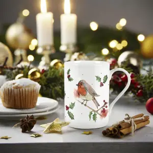 Purely Home Christmas Robins Bone China Mugs - Set of 2