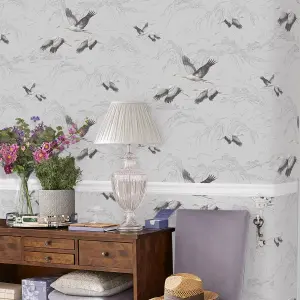 Laura Ashley Animalia Silver effect Bird Smooth Wallpaper Sample