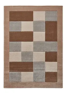 Beige Grey Chequered Rug, 10mm Thick Geometric Bordered Rug, Stain-Resistant Modern Rug for Dining Room-60cm X 120cm