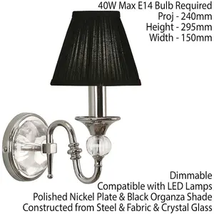 Diana Luxury Single Curved Arm Traditional Wall Light Nickel Crystal Black Shade