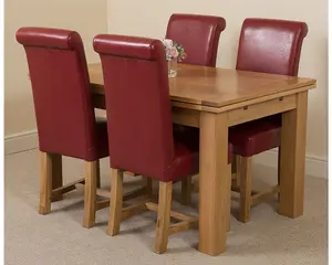 Richmond 140cm - 220cm Oak Extending Dining Table and 4 Chairs Dining Set with Washington Burgundy Leather Chairs