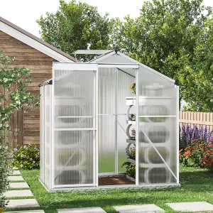 Polycarbonate Greenhouse Aluminium Framed Walk In Garden Green House with Base Foundation,Silver 6x4 ft