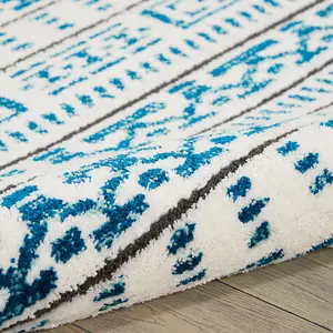 Ivory Blue Modern Shaggy Geometric Moroccan Dining Room Bedroom & Living Room Rug-66 X 229cm (Runner)