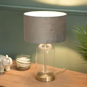 ValueLights Jessy Glass and Gold Metal Bedside Table Lamp with a Grey Velvet Lampshade