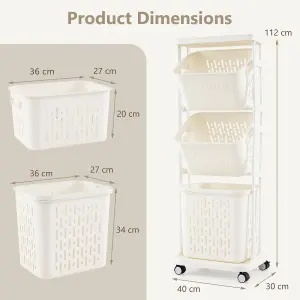 COSTWAY 3-Tier Plastic Laundry Hamper Cart 112 cm Slim Laundry Basket Trolley