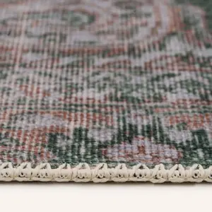 Green Vintage Medallion Anti Slip Washable Rug 200x290cm