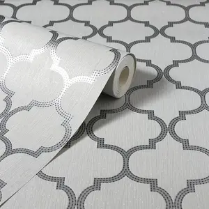 Beaded Trellis Wallpaper Arthouse Grey Silver Glitter Vinyl Textured