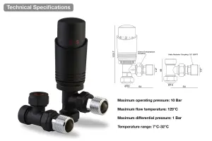 Designer Black Thermostatic Radiator Valve Twin Pack TRV Angled 15mm