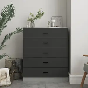 URBNLIVING Height 90.5cm 5 Drawer Wooden Bedroom Chest Cabinet Grey Carcass And Black Drawers Modern Wide Storage Cupboard Closet