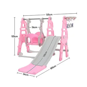 3 in 1 Pink Children Kids Toddler Slide and Swing Set Play Set with Basketball Hoop W 1350 x D 1850 x H 1050 mm