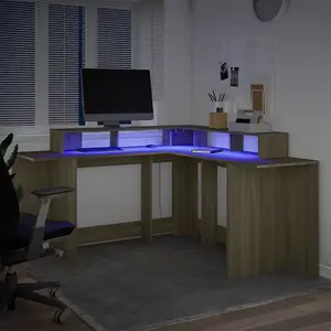 Berkfield Desk with LED Lights Sonoma Oak 152x152x91 cm Engineered Wood