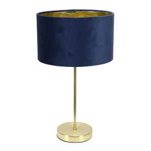 ValueLights Charles Gold Stem Table Lamp with Navy Blue Velvet with Gold Inner Lamp Shade and LED Bulb