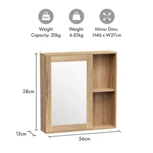 VonHaus Bathroom Mirror Cabinet, Oak Wood Effect Cabinet with Mirror with Adjustable Internal Shelf & Handleless Design, Chester