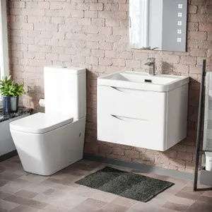 Nes Home Merton 600mm Wall Hung Gloss White Vanity Basin & Rimless Close Coupled Toilet