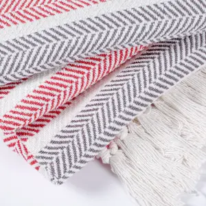 EHC Stripe Cotton Throw for Double bed Sofa Couch,150 x 200 cm, Red / Grey