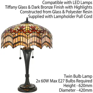 Tiffany Glass Table Lamp Light Dark Bronze & Multi Colour Scalloped Shade i00232