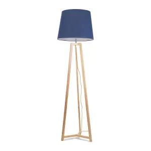 ValueLights Lottie Natural Wood Tripod Floor Lamp with Navy Blue Tapered Shade - LED Bulb Included