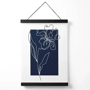 Navy Blue and White Flower Floral Line Art Medium Poster with Black Hanger