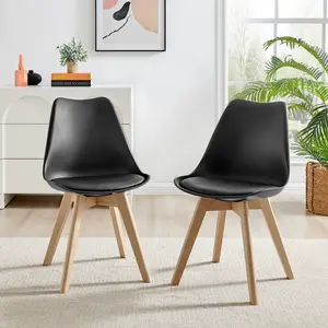 Stolm Bright Moulded Plastic Dining Chair with Wooden Legs and Foam Cushion Seat (Set of 2) Black