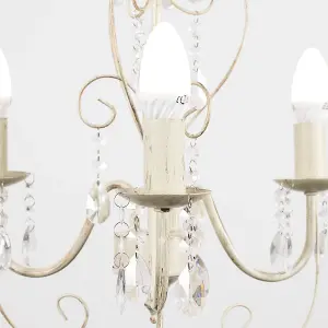 ValueLights Lille Distressed Cream Ornate Vintage Shabby Chic 3 Way Ceiling Light Chandelier with Acrylic Jewels