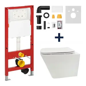 Top Ceramics White Square Wall Hung Rimless Toilet with Soft Close Seat and 1.12m Cistern Frame