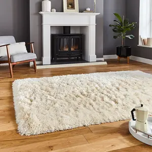 Handmade Plain Cream Thick Shaggy Rug-60cm X 120cm