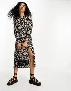 Mango Long Sleeve Structured Shoulder Split Leg Floral Printed Midi Dress In Beige And Black-Multi - Multi (Size: S)