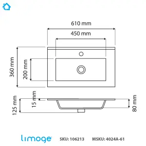 4024A Ceramic 60cm x 35cm Thin-Edge Inset Basin with Rectangular Bowl