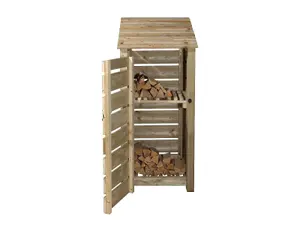 Slatted wooden log store with door and kindling shelf W-79cm, H-180cm, D-88cm - natural (light green) finish