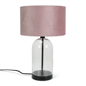 ValueLights Jessy Glass and Black Metal Bedside Table Lamp with a Blush Pink Velvet Lampshade