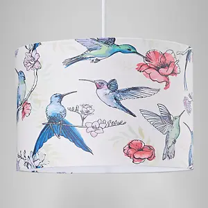 Beautifully Designed Bird Themed 30cm Drum Shade with Colourful Floral Accents