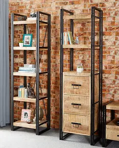 Cosmo Industrial Slim Open Bookcase - Solid Mango Wood - L40 x W55 x H200 cm