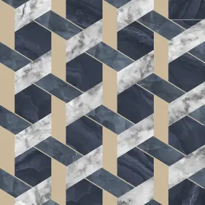 Contour Blue Metallic effect Geometric Smooth Wallpaper Sample