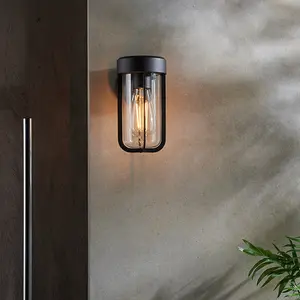 Matt Black Outdoor Wall Light with Clear Glass Shade - IP44 Rated - LED Bulb