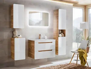 800 Vanity Unit Sink Wall Cabinet with Basin & Compact Drawers White Gloss Oak Arub