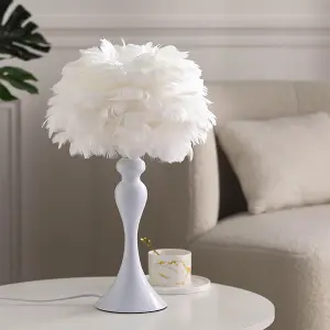 White Accent Ceramic Feather Bedroom Bedside Table Lamp with LED Light 30cm x 46cm