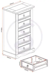 Corona 5 Drawer Narrow Chest of Drawers Distressed Waxed Pine Metal Handles