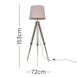 ValueLights Clipper Distressed Wood and Silver Chrome Tripod Floor Lamp with Pink Tapered Light Shade with 6w LED GLS Bulb