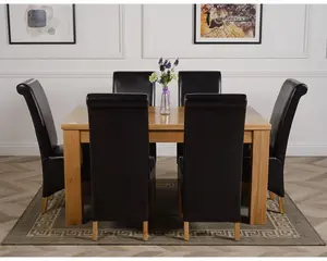 Dakota 152 x 87 cm Chunky Medium Oak Dining Table and 6 Chairs Dining Set with Montana Black Leather Chairs