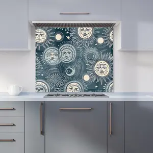 Silver Blue Moon and Stars Premium Glass Kitchen Splashback W900mm x H650mm