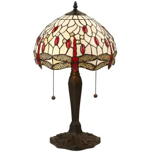 Tiffany Glass Table Lamp Light Dark Bronze & Cream Red Dragonfly Shade i00189