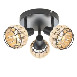 First Choice Lighting Goa Black and Natural Rattan 3 Light Ceiling Spotlight Plate