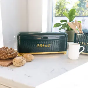 KitchenCraft Steel Bread Bin Green Kitchen Food Storage with Lid Retro