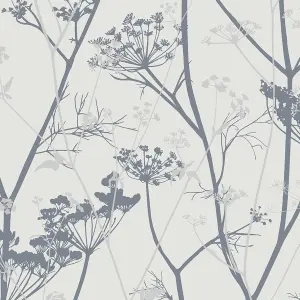 Clarissa Hulse Wild Chervil Blue & White Silver effect Smooth Wallpaper